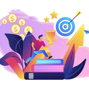 Businessman with trophy cup jumping on books to target and rising arrow. Motivation, job success, encouragement concept on white background. Bright vibrant violet vector isolated illustration