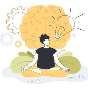 Young man practicing yoga exercises for mental and body health. Happy tiny guy sitting in meditation in front of brain flat vector illustration. Power of mind, healthy lifestyle, harmony concept